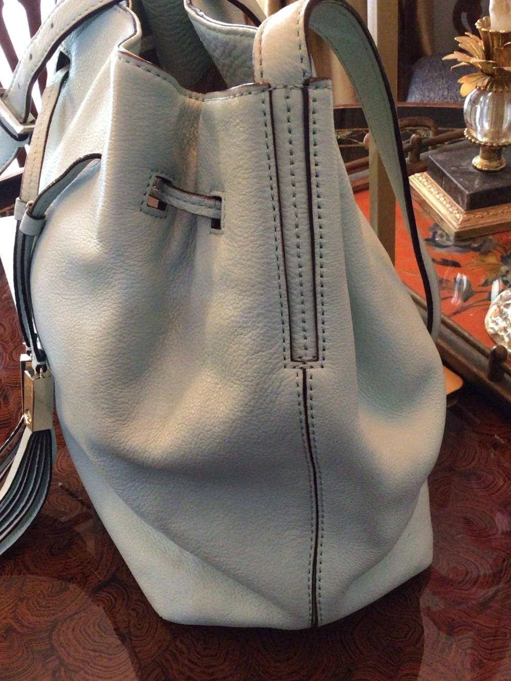 kate spade Baby Blue Leather Drawstring Tassel Shoulder Bag